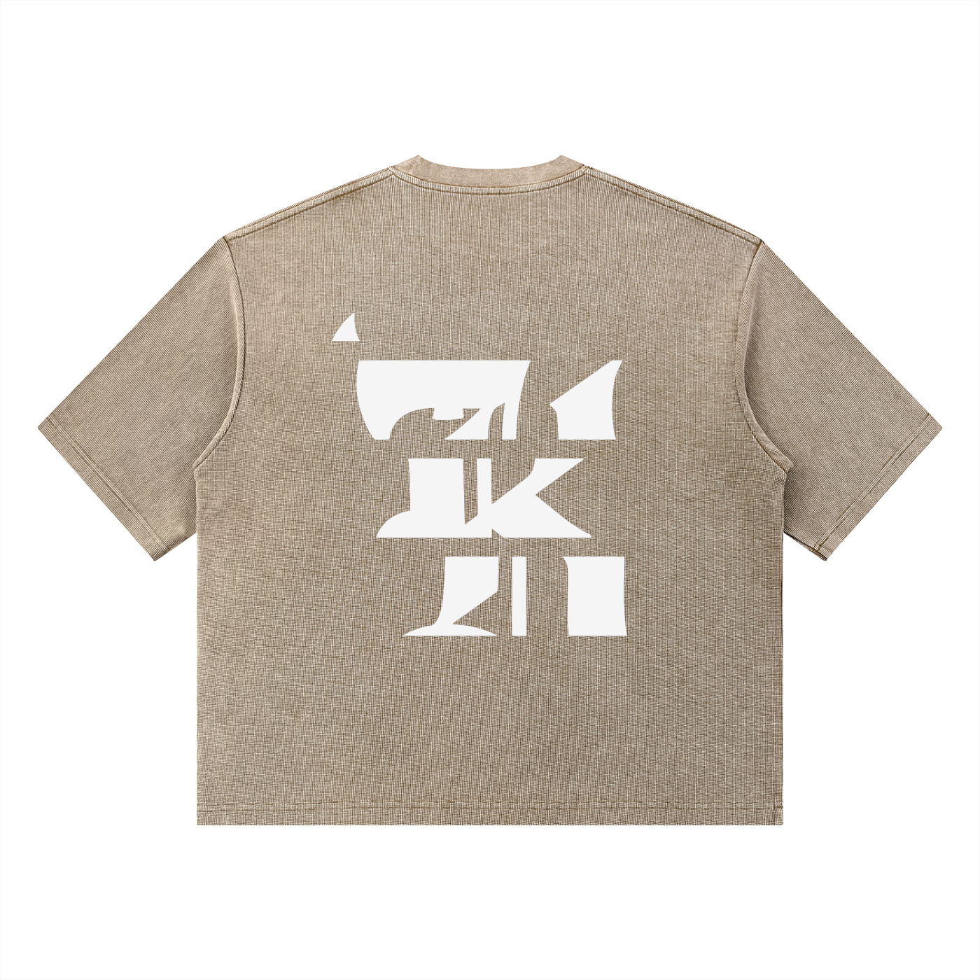 KHRIOUIT // Beige heavyweight cotton tee, architectural white graphic, structured back panel