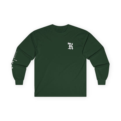 Gothic Letter K long sleeve tee | Small Chest Logo, Sleeve Lettering