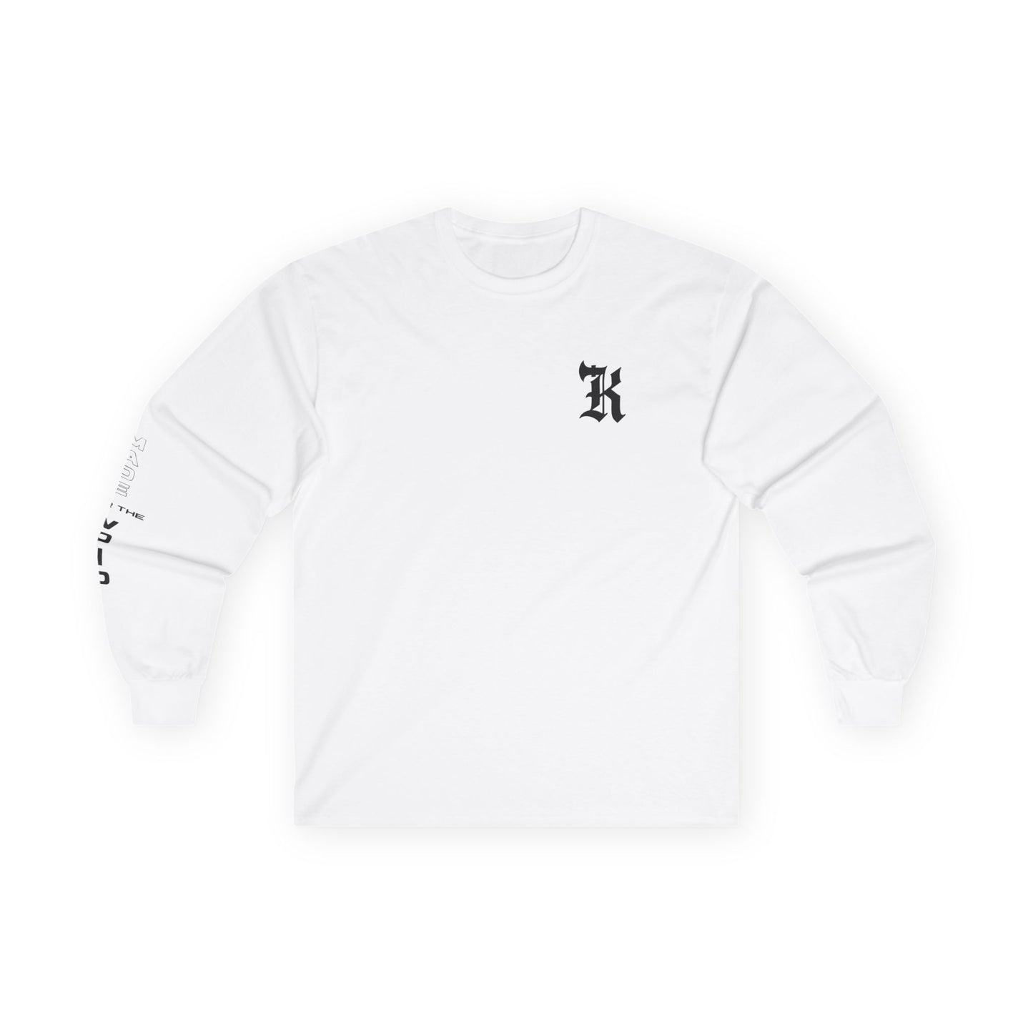 Gothic Letter K long sleeve tee | Small Chest Logo, Sleeve Lettering